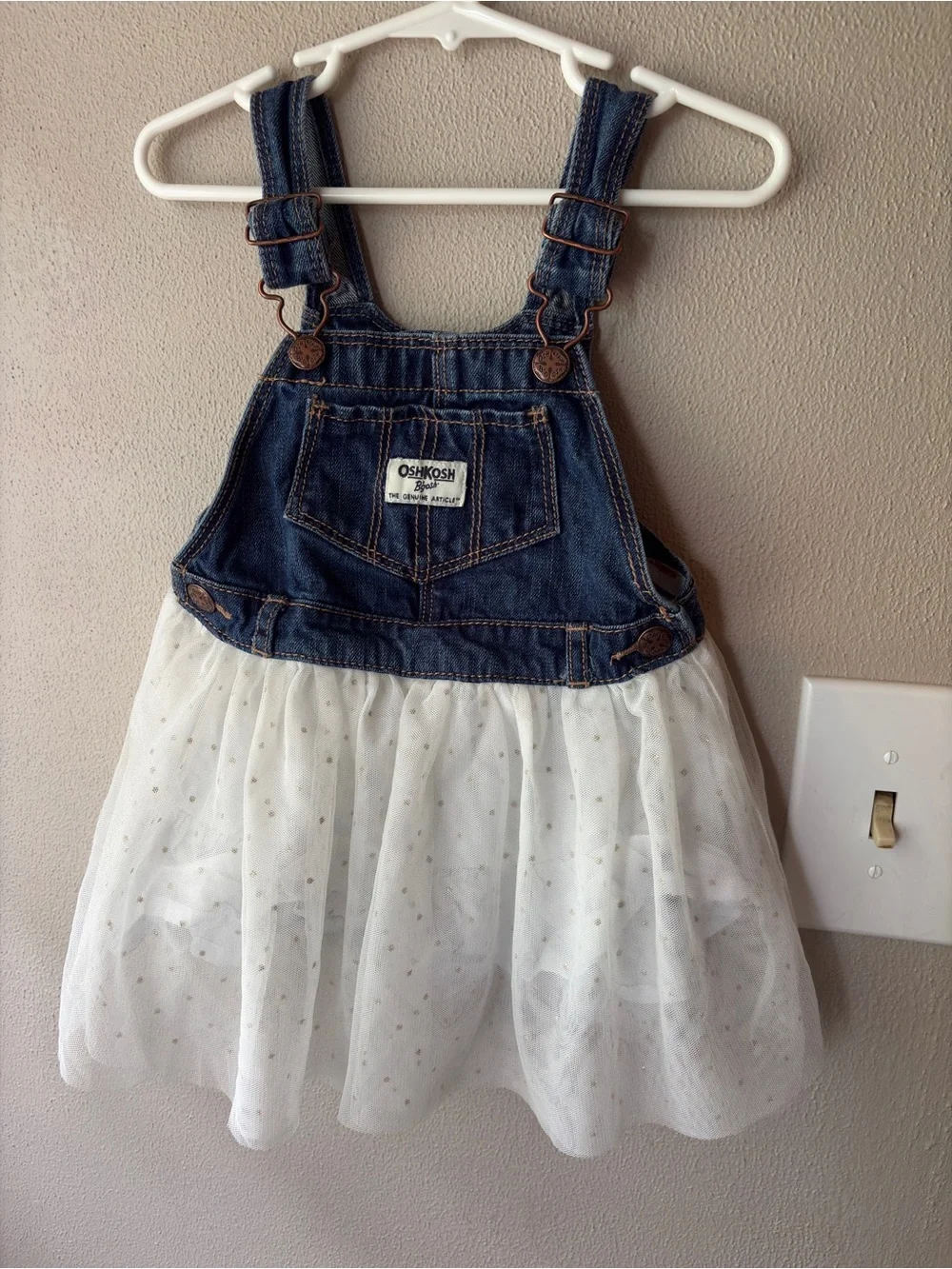 OshKosh B'gosh Dark Blue Denim Overall Dress with White Tulle